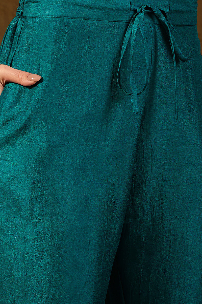 Teal Silk Blend Solid Embroidered A-Line Kurta Trouser With Dupatta PKSKD2824