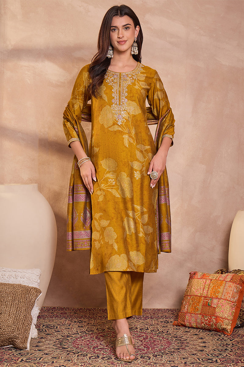 Mustard Silk Blend Floral Printed Straight Kurta Trouser With Dupatta PKSKD3217