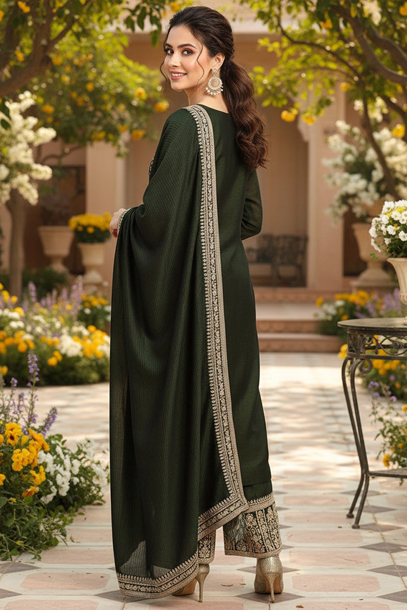 Green Silk Blend Solid Embroidered Straight Style Suit Set PKSKD2263