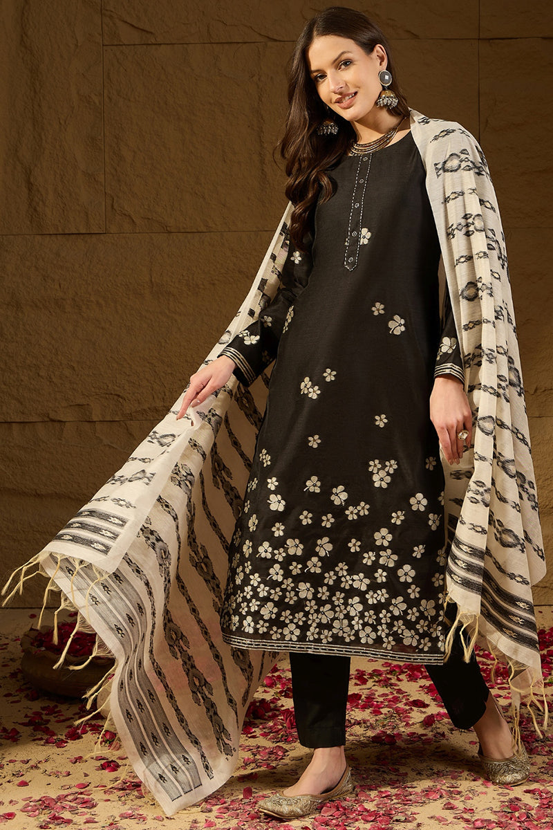 Black Poly Chanderi Solid Embroidered Straight Kurta Bottom and Dupatta PKSKD2900