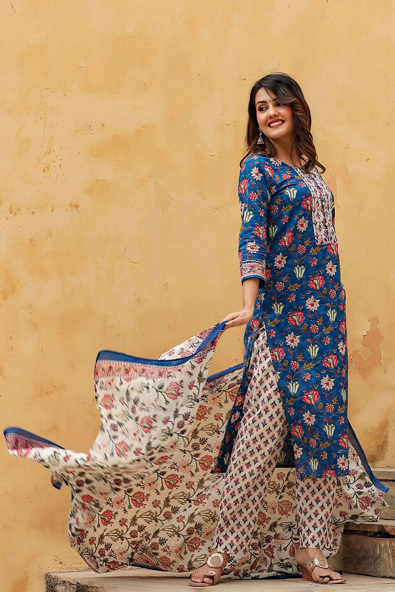 Blue Rayon Blend Floral Printed Straight Suit Set VKSKD1238