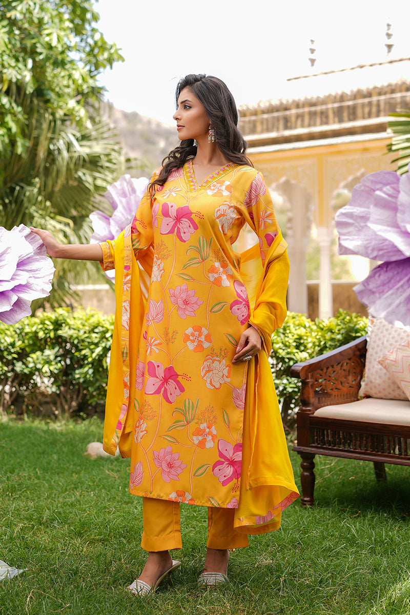 Yellow Silk Blend Floral Printed Straight Kurta Trousers With Dupatta SKSKD3099