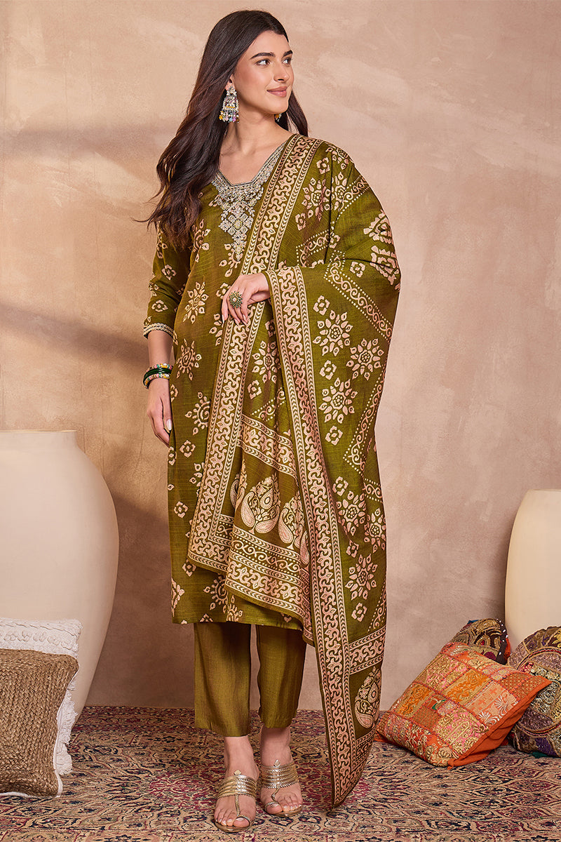 Green Floral Printed Kurta With Trousers And Dupatta PKSKD3227