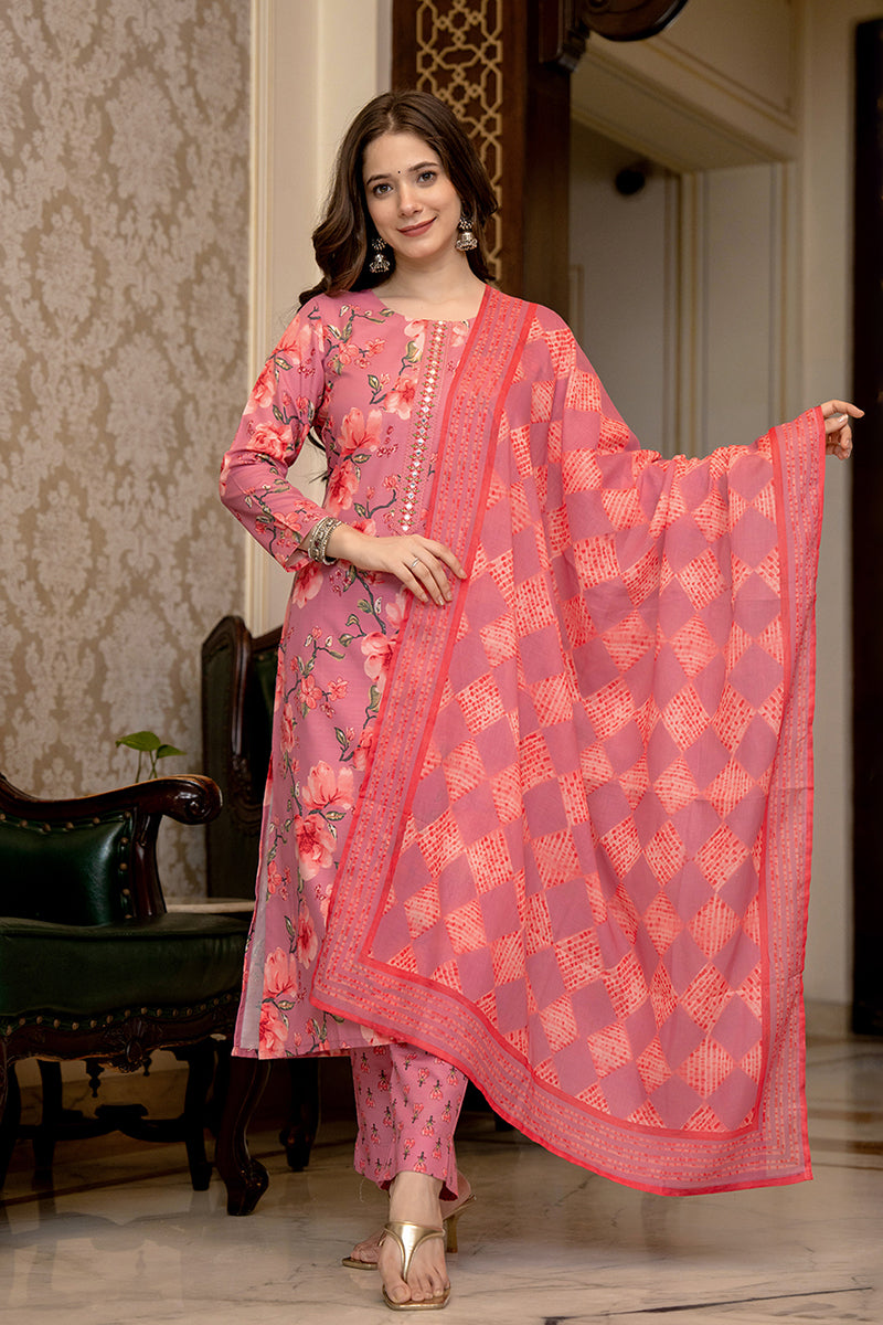 Pink Rayon Blend Floral Printed Straight Trouser Bottom Suit Set PKSKD2566PNK