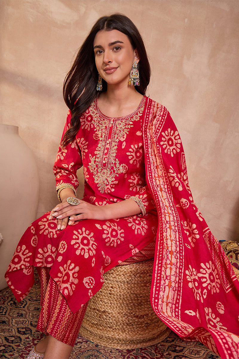 Pink Rayon Blend Floral Printed Straight Kurta Trouser With Dupatta VKSKD3214