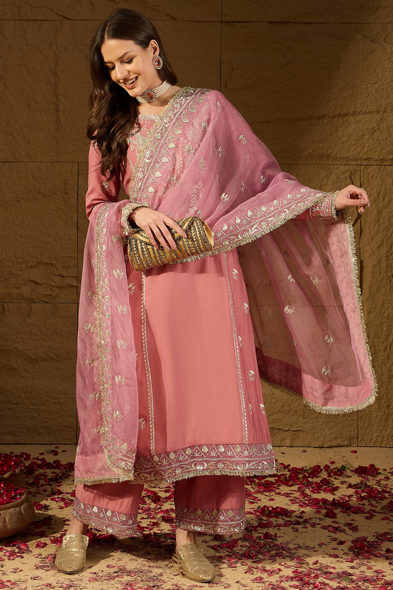 Pink Silk Blend Solid Embroidered Straight Kurta Trousers With Dupatta PKSKD2939