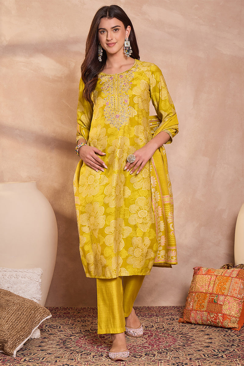 Yellow Poly Silk Floral Printed Straight Kurta Trouser With Dupatta VKSKD3209