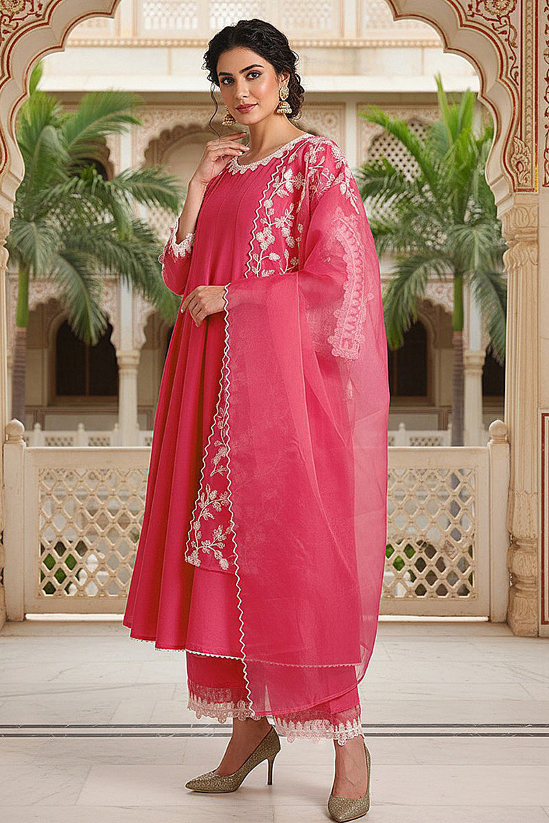 Pink Silk Blend Solid Embroidered Flared Suit Set PKSKD2071