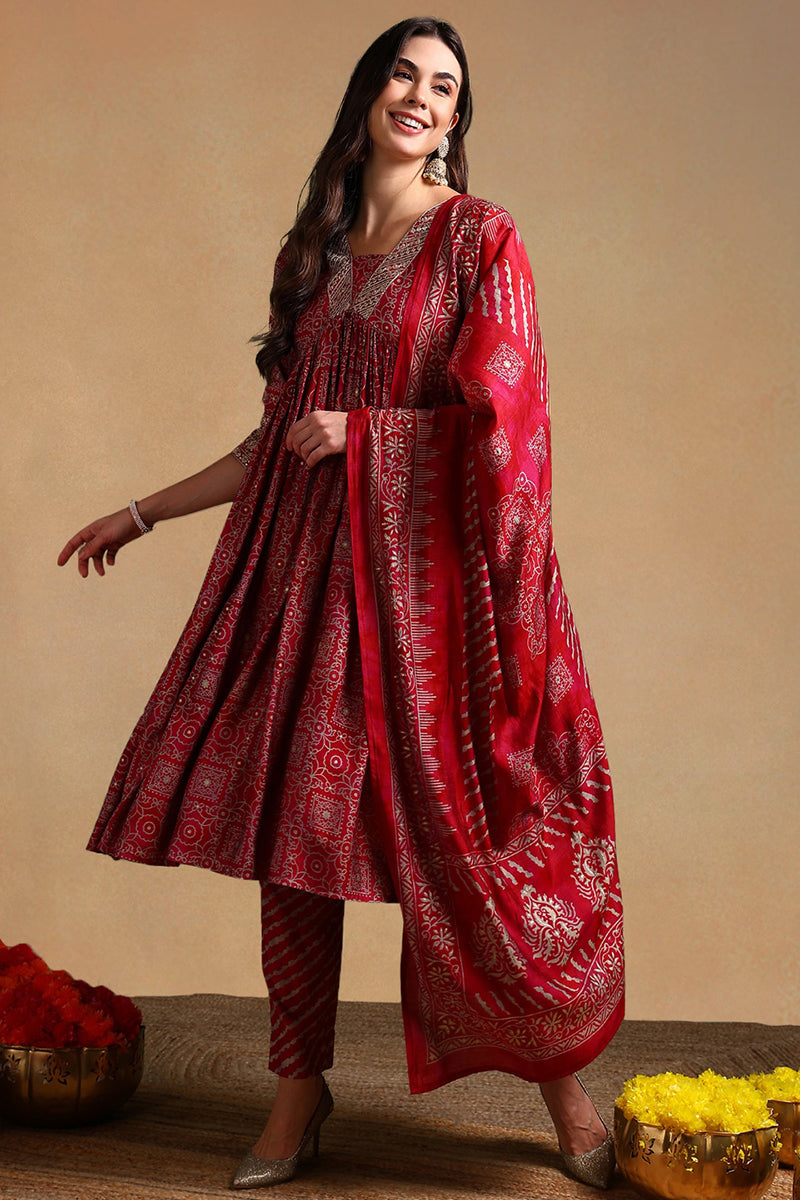 Maroon Silk Blend Ethnic Motifs Printed Flared Suit Set PKSKD2204