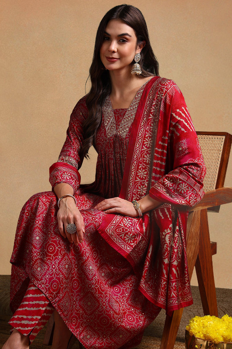 Maroon Silk Blend Ethnic Motifs Printed Flared Suit Set PKSKD2204