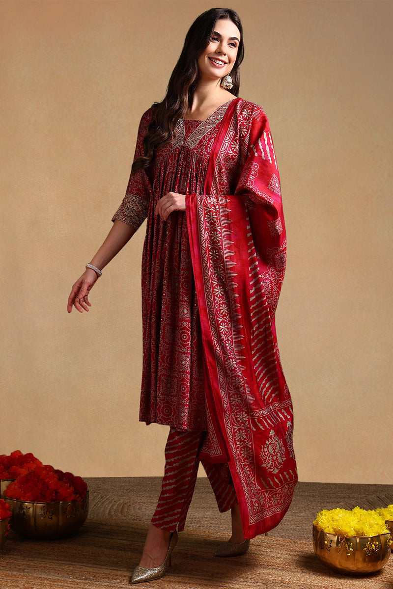 Maroon Silk Blend Ethnic Motifs Printed Flared Suit Set PKSKD2204