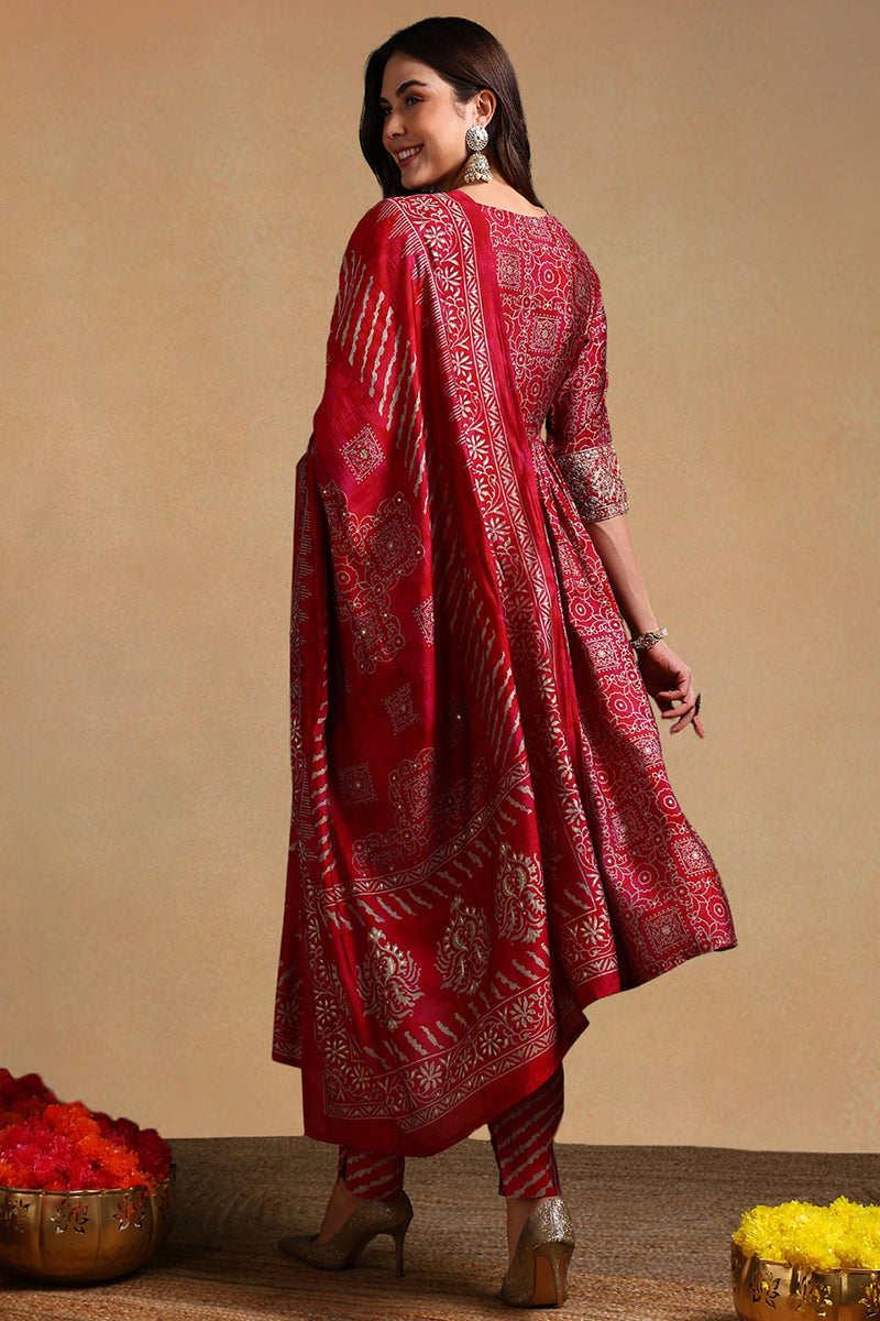 Maroon Silk Blend Ethnic Motifs Printed Flared Suit Set PKSKD2204