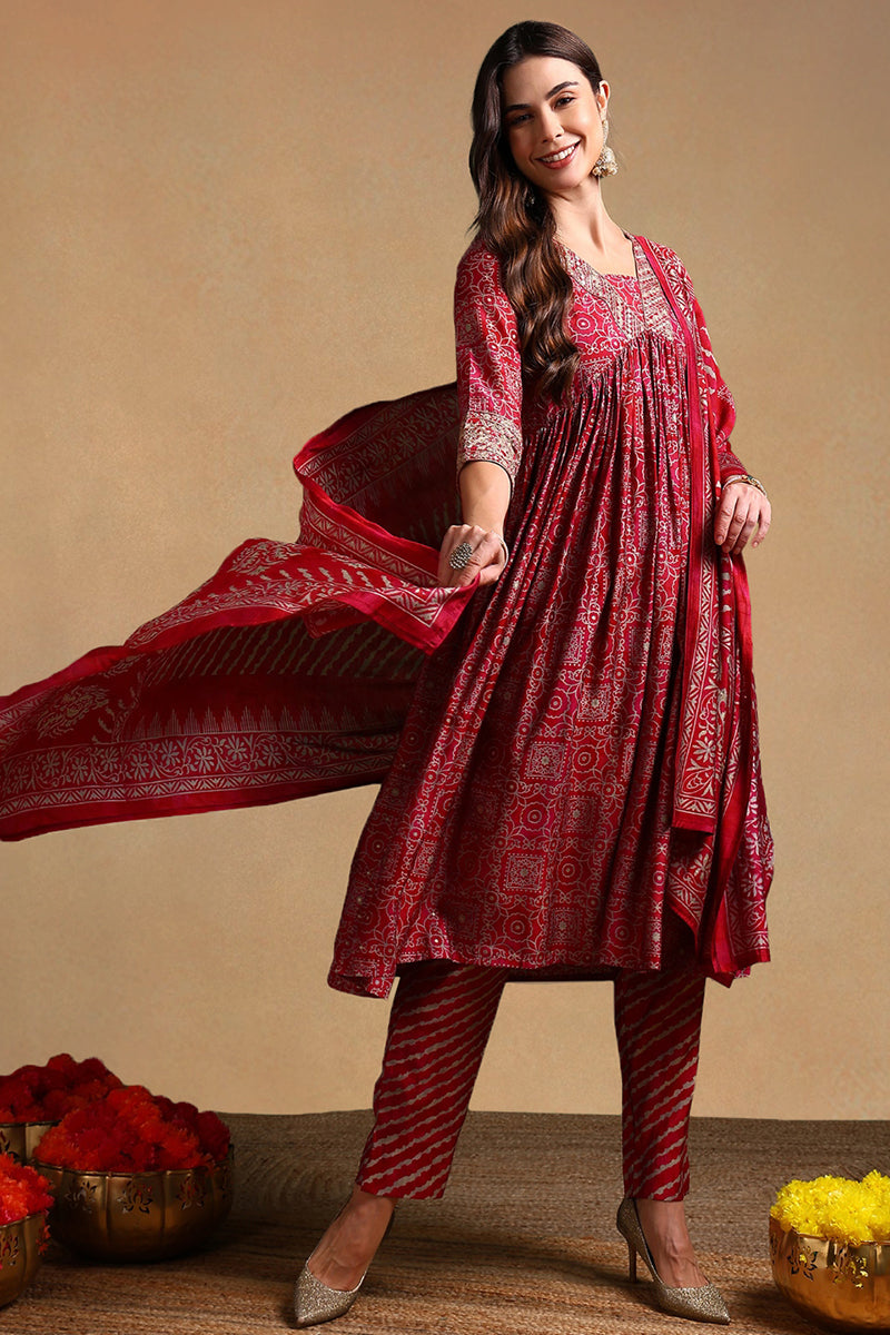 Maroon Silk Blend Ethnic Motifs Printed Flared Suit Set PKSKD2204