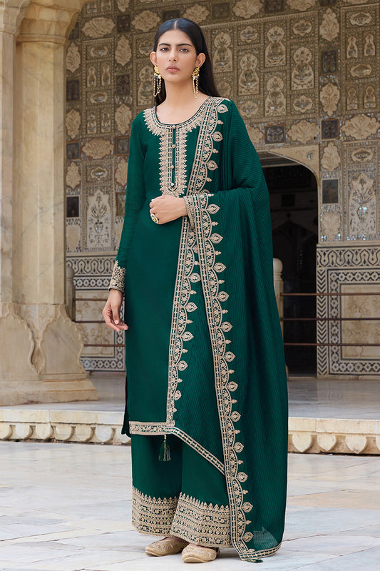 Green Silk Blend Solid Embroidered Straight Suit Set PKSKD2261