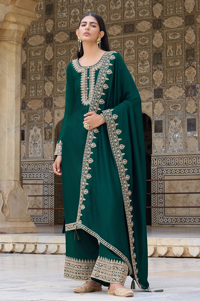 Green Silk Blend Solid Embroidered Straight Suit Set PKSKD2261