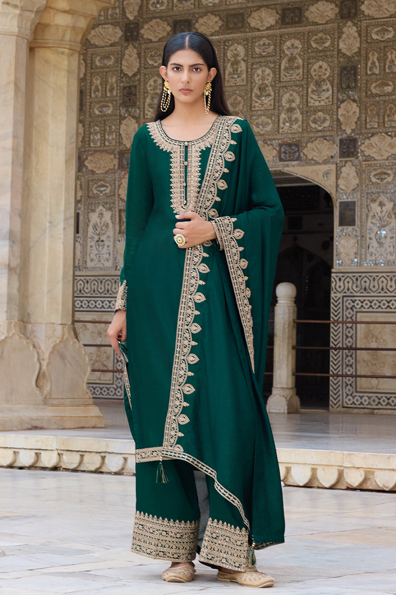 Green Silk Blend Solid Embroidered Straight Suit Set PKSKD2261