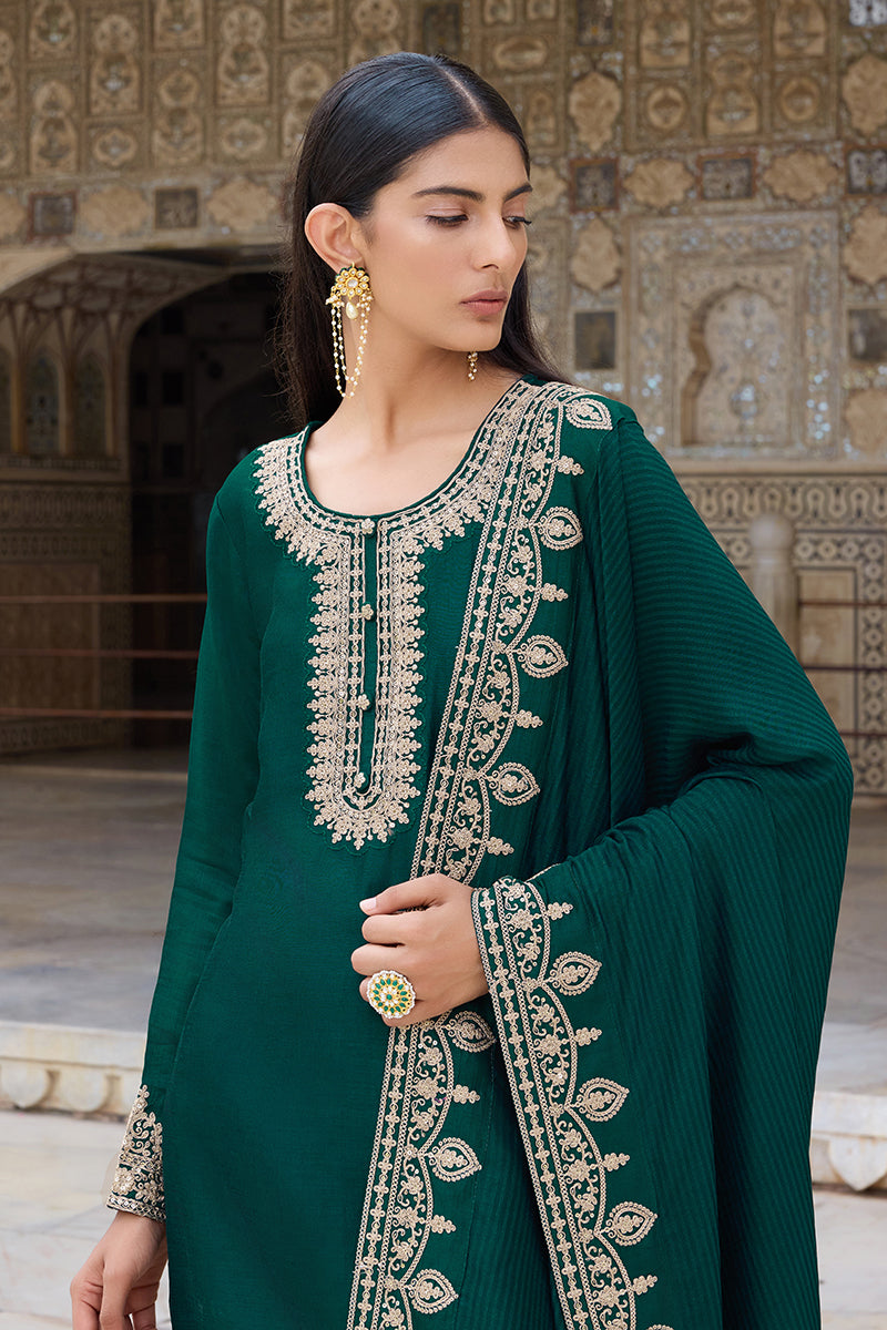 Green Silk Blend Solid Embroidered Straight Suit Set PKSKD2261