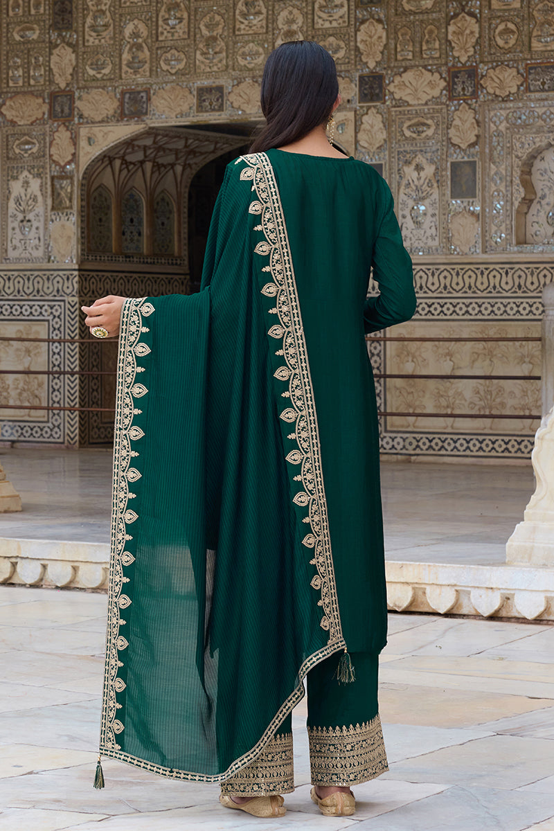 Green Silk Blend Solid Embroidered Straight Suit Set PKSKD2261