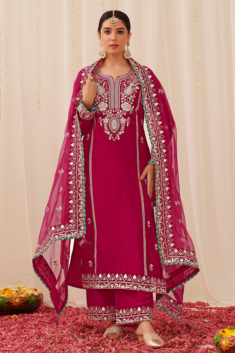 Pink Silk Blend Solid Yoke Design Straight Palazzo Suit Set PKSKD2490