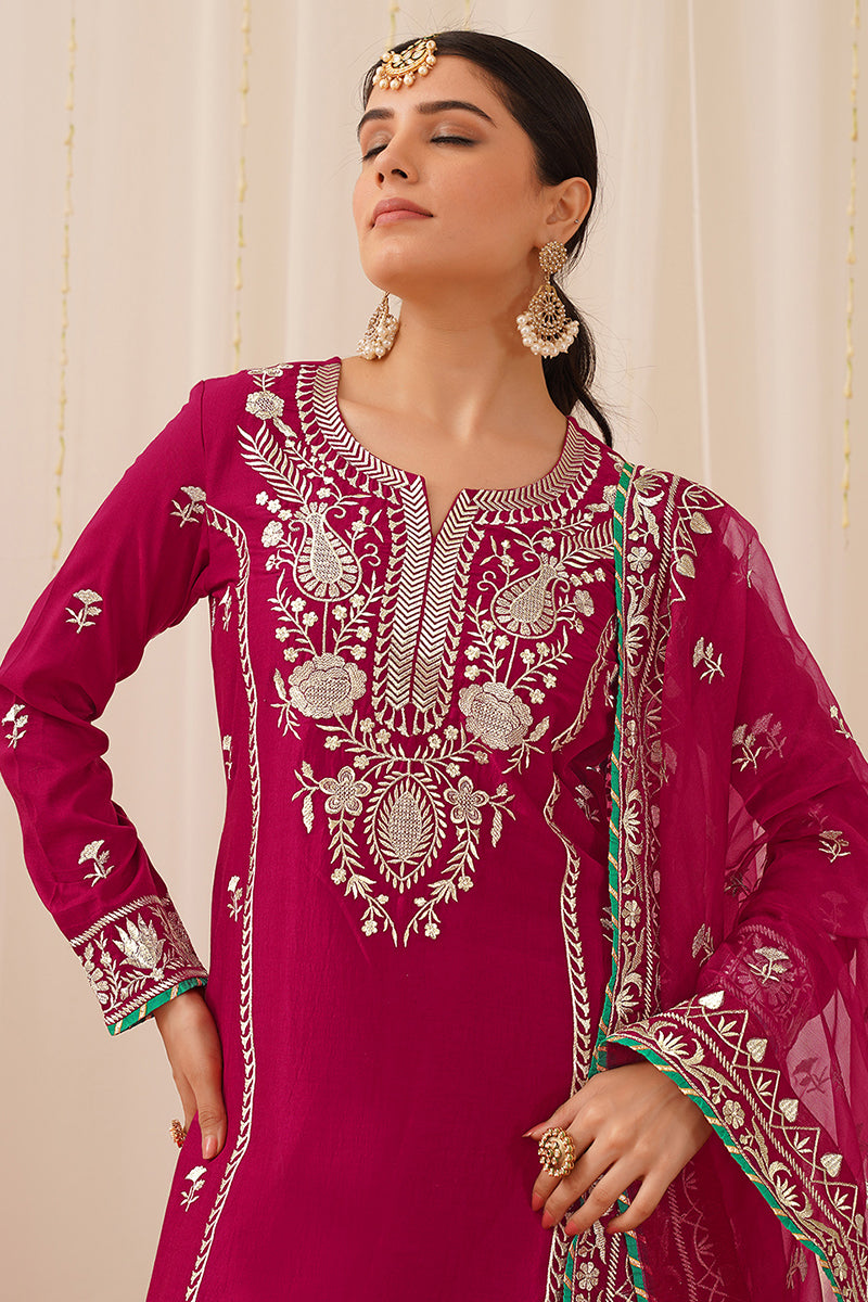 Pink Silk Blend Solid Yoke Design Straight Palazzo Suit Set PKSKD2490