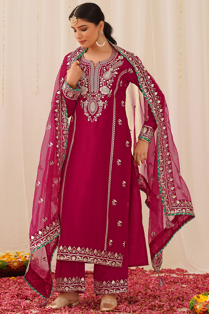 Pink Silk Blend Solid Yoke Design Straight Palazzo Suit Set PKSKD2490