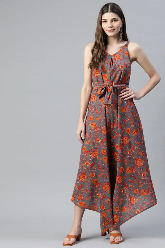 Grey & Orange Cotton Sleeveless Asymmetric Jumpsuit with Belt VJMP1032