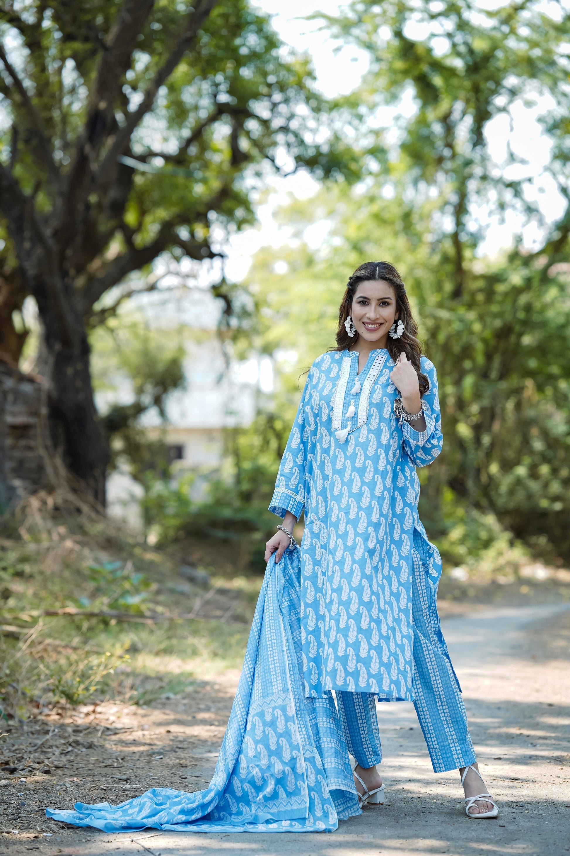 Blue Cotton Straight Kurta Pant With Dupatta VKSKD1628