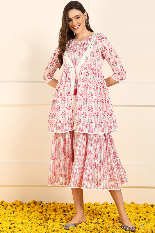 Pink Cotton Floral Printed Fit And Flare Ethnic Style Dress With Shrug JPD1002PNK