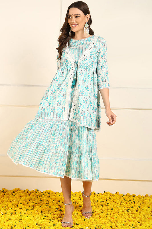 Turquoise Blue Cotton Floral Printed Fit And Flare Ethnic Style Dress With Shrug JPD1002TBLU