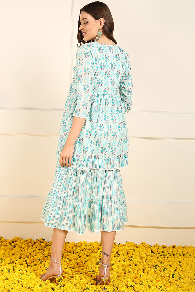 Turquoise Blue Cotton Floral Printed Fit And Flare Ethnic Style Dress With Shrug JPD1002TBLU