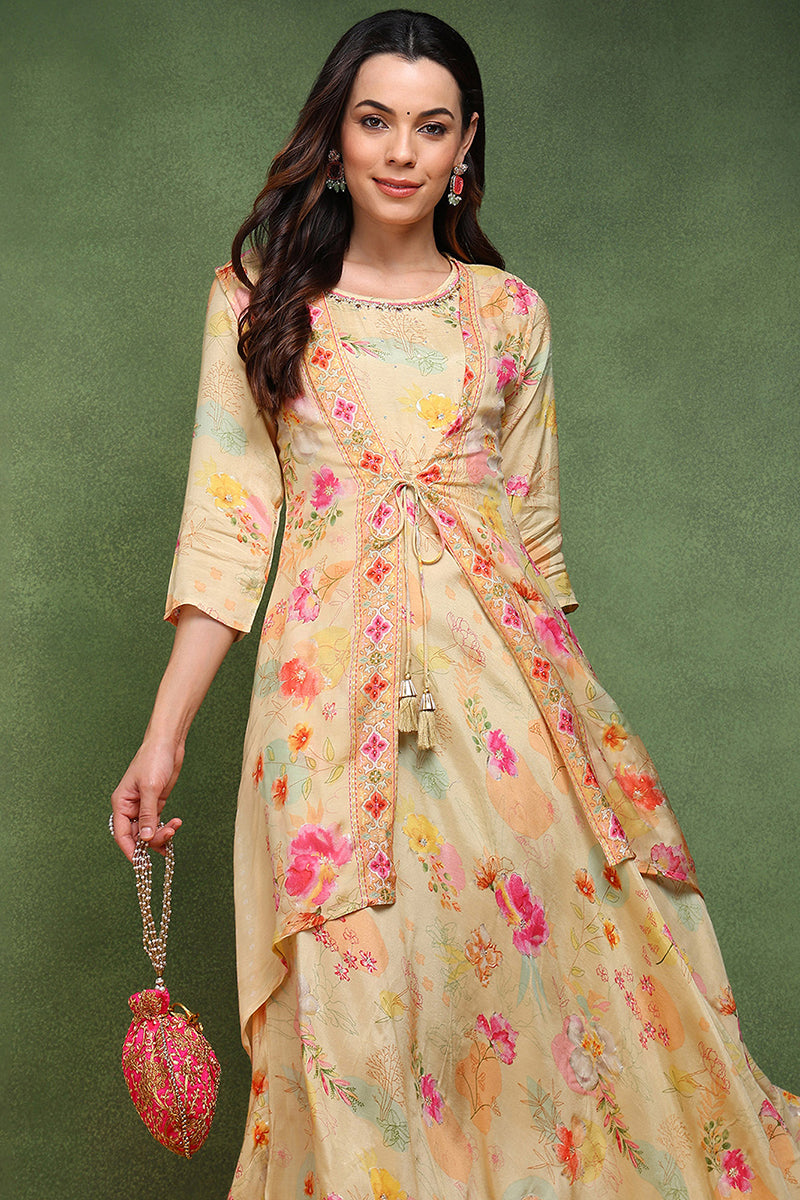 Cream Silk Blend Floral Embroidered Maxi Ethnic Dress with Longline Shrug JPD1003CRM