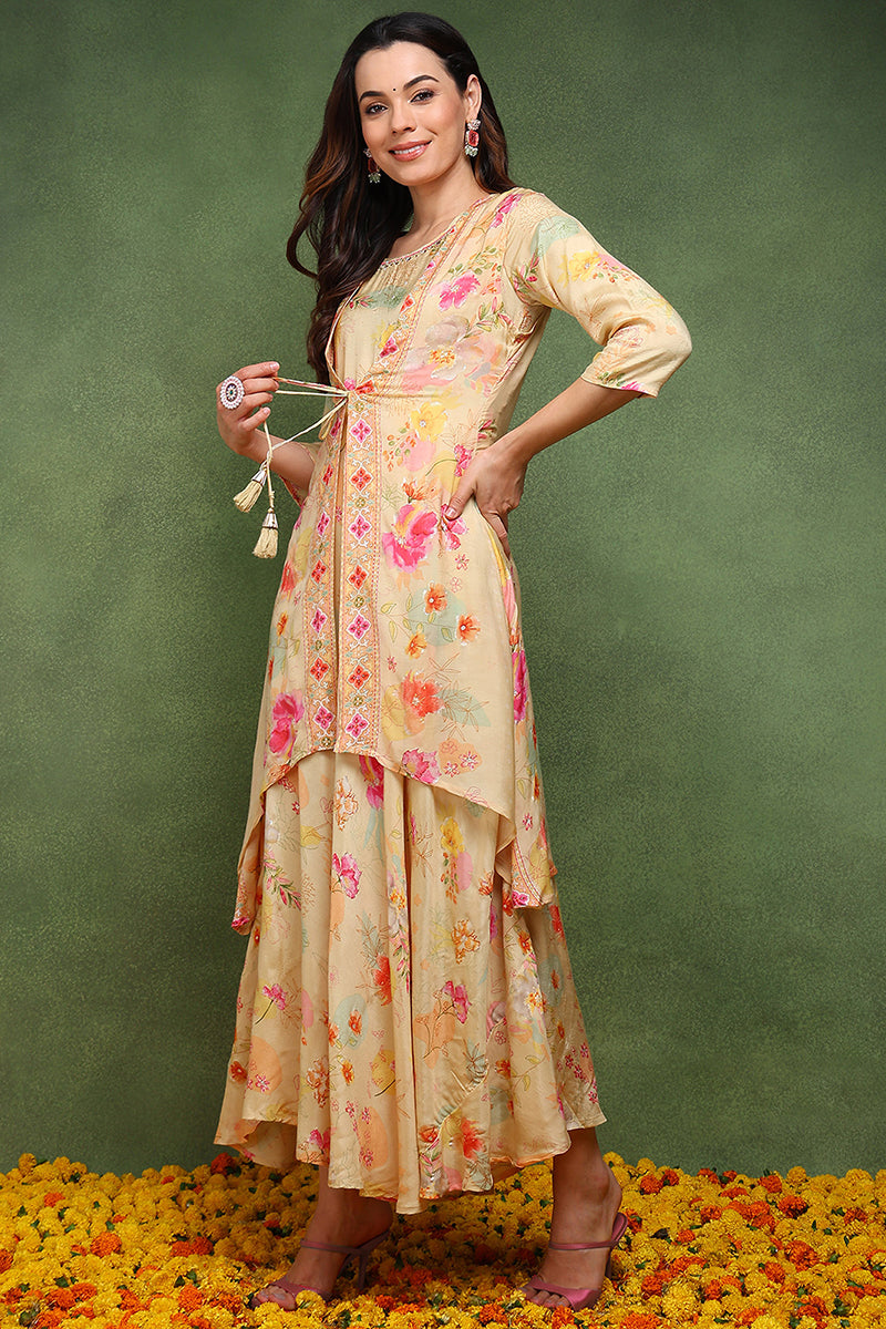 Cream Silk Blend Floral Embroidered Maxi Ethnic Dress with Longline Shrug JPD1003CRM