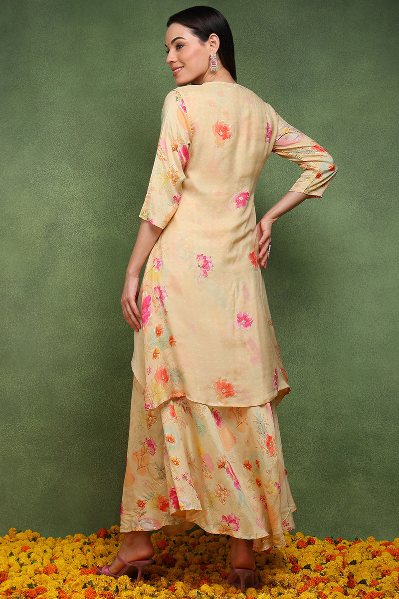 Cream Silk Blend Floral Embroidered Maxi Ethnic Dress with Longline Shrug JPD1003CRM