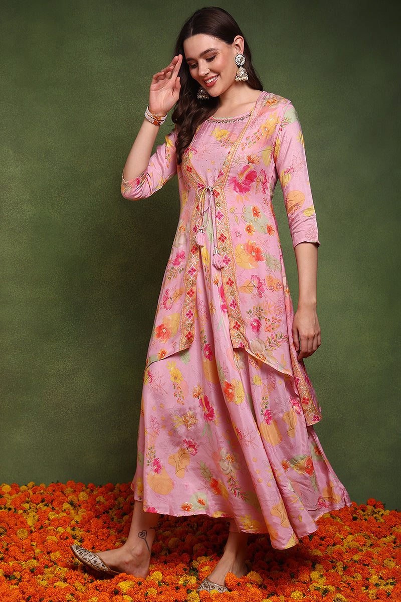 Pink Silk Blend Floral Embroidered Maxi Ethnic Dress With Longline Shrug JPD1003PNK