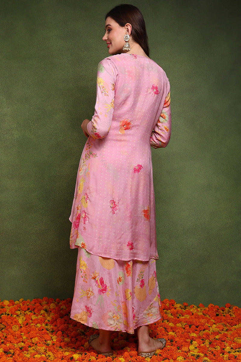 Pink Silk Blend Floral Embroidered Maxi Ethnic Dress With Longline Shrug JPD1003PNK