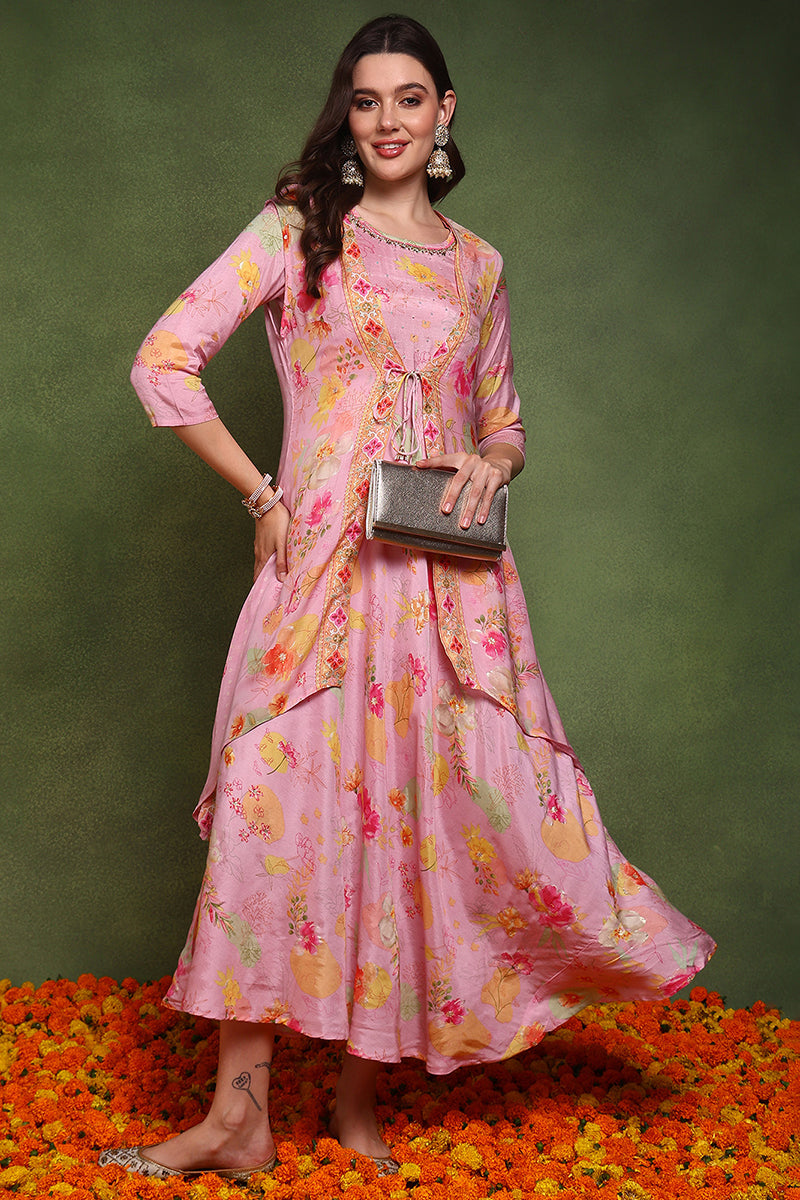 Pink Silk Blend Floral Embroidered Maxi Ethnic Dress With Longline Shrug JPD1003PNK