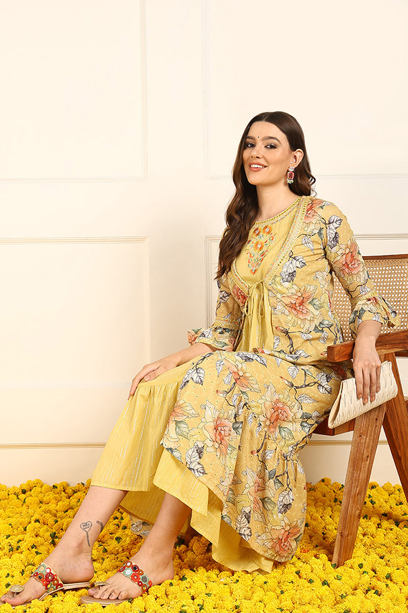 Yellow Cotton Solid Embroidered Fit And Flare Ethnic Style Dress With Shrug JPD1004YLW