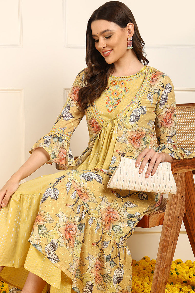 Yellow Cotton Solid Embroidered Fit And Flare Ethnic Style Dress With Shrug JPD1004YLW