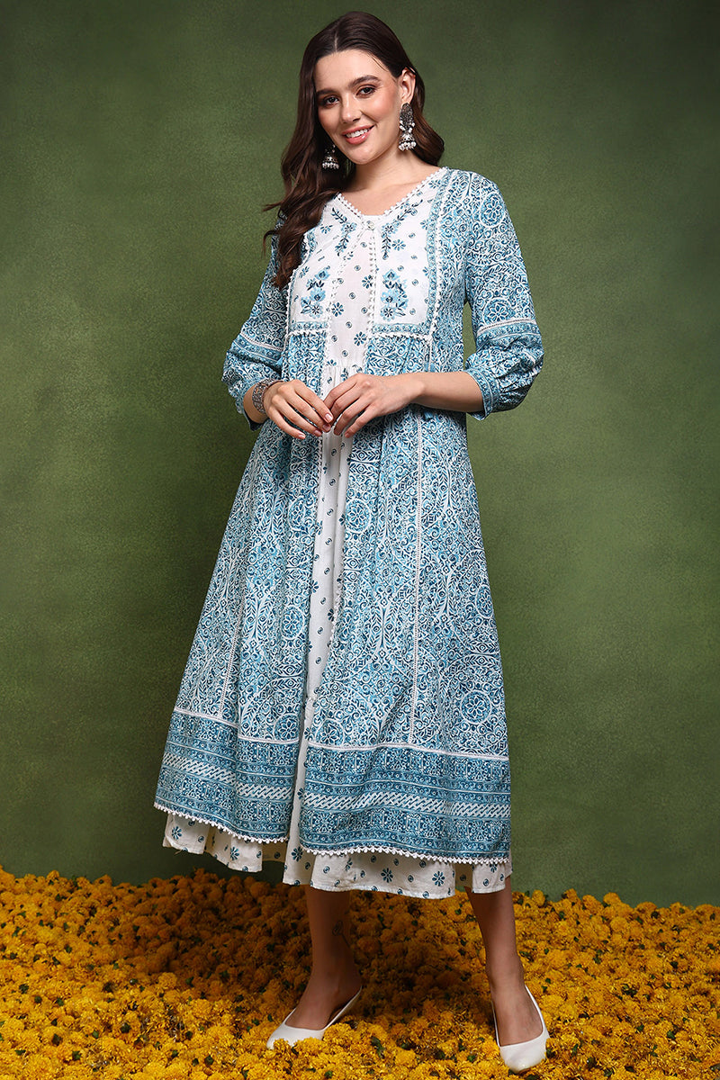 White and Blue Cotton Ethnic Motifs Printed Maxi Ethnic Dress With Longline Shrug JPD1007BLU