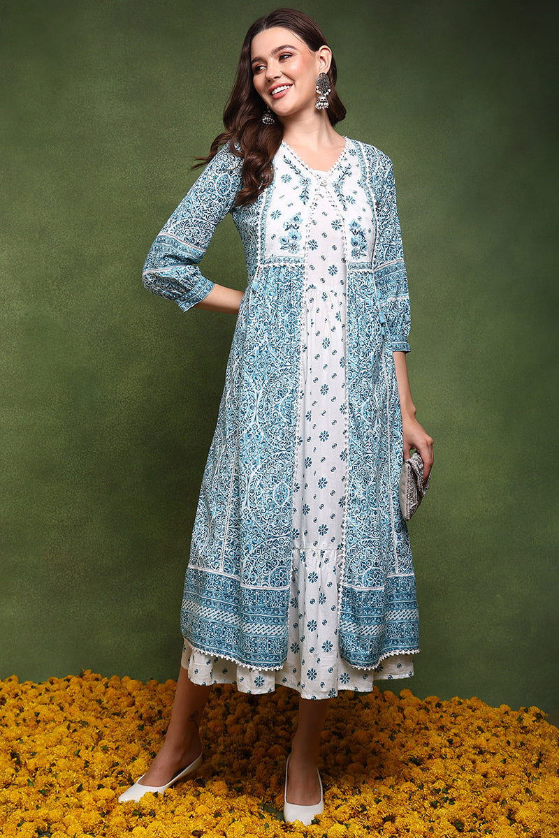 White and Blue Cotton Ethnic Motifs Printed Maxi Ethnic Dress With Longline Shrug JPD1007BLU