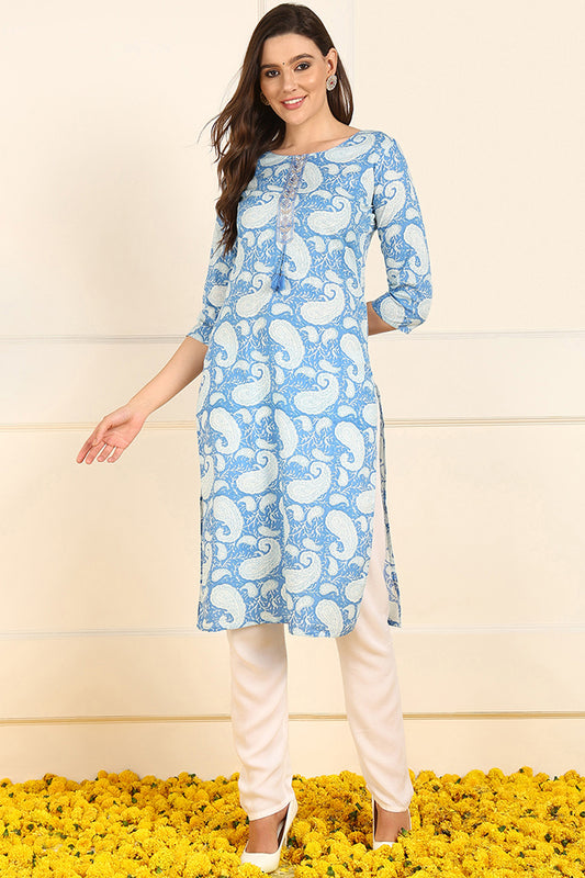 Blue Cotton Paisley Printed Straight Kurta JPK1005BLU