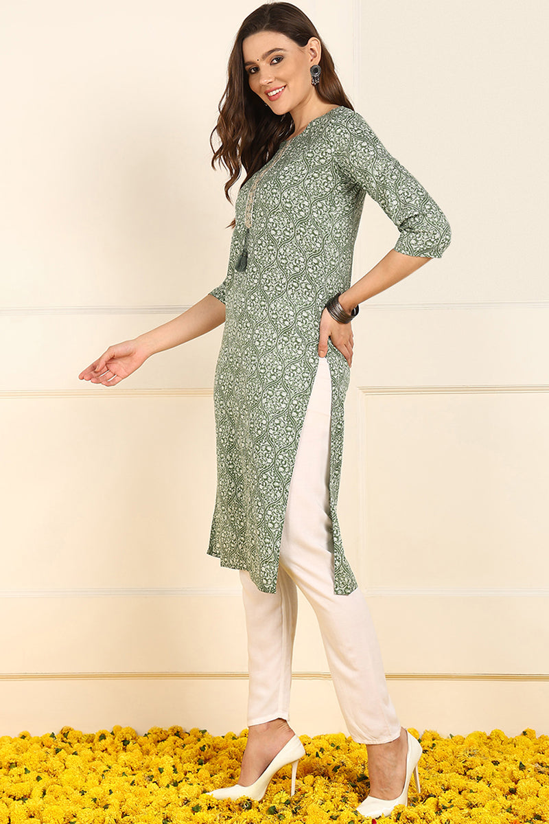 Green Cotton Ethnic Motifs Printed Straight Kurta JPK1005GRN