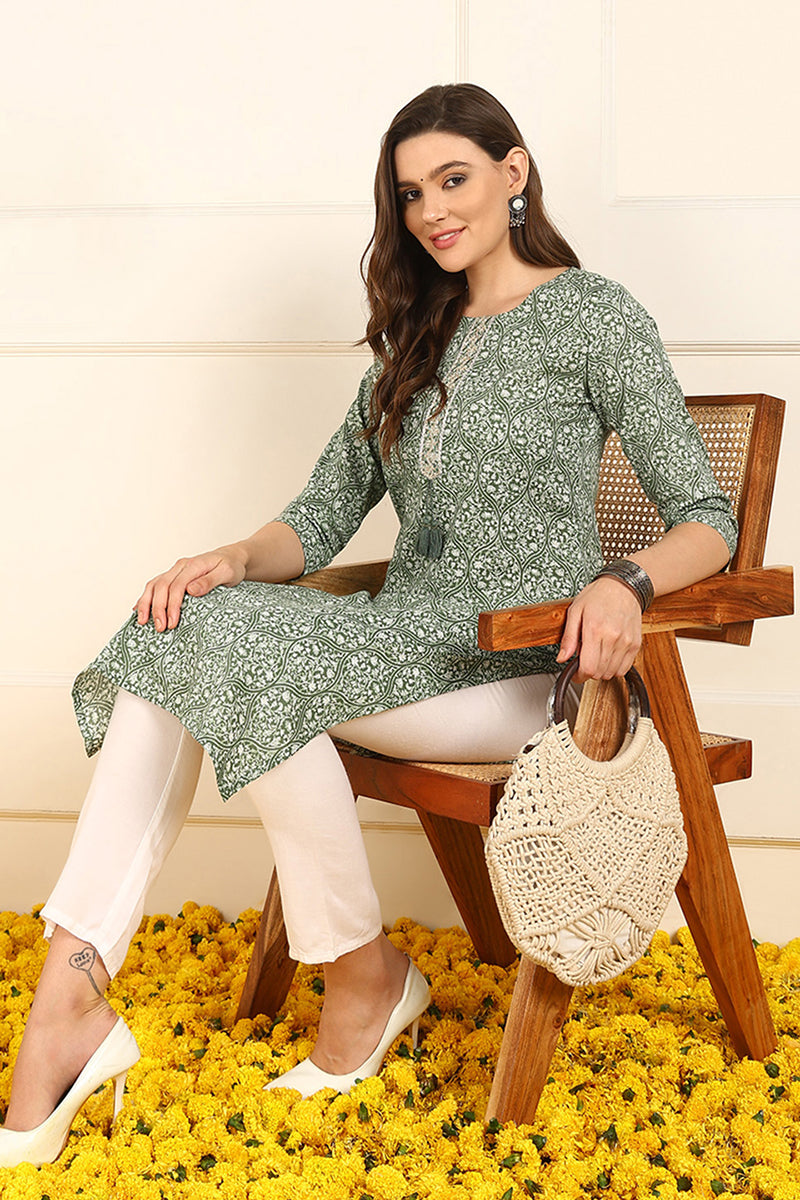 Green Cotton Ethnic Motifs Printed Straight Kurta JPK1005GRN