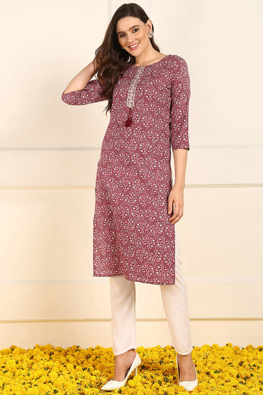 Burgundy Cotton Ethnic Motifs Printed Straight Kurta JPK1005MLB