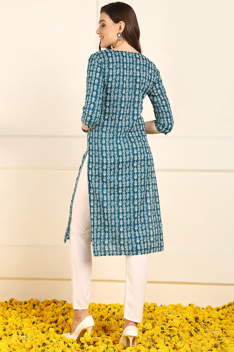 Teal Cotton Ethnic Motifs Printed Straight Kurta JPK1005TIL