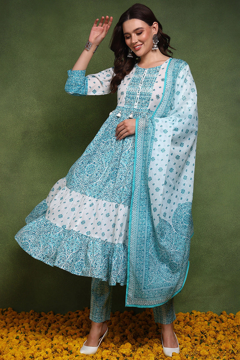 Blue and White Pure Cotton Ethnic Motifs Printed Anarkali Suit Set JPSKD1001BLU