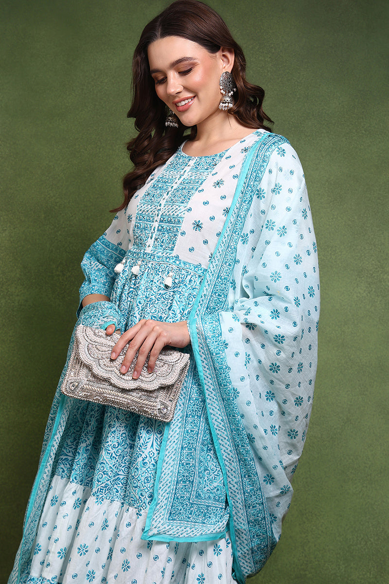 Blue and White Pure Cotton Ethnic Motifs Printed Anarkali Suit Set JPSKD1001BLU