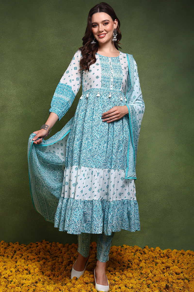 Blue and White Pure Cotton Ethnic Motifs Printed Anarkali Suit Set JPSKD1001BLU