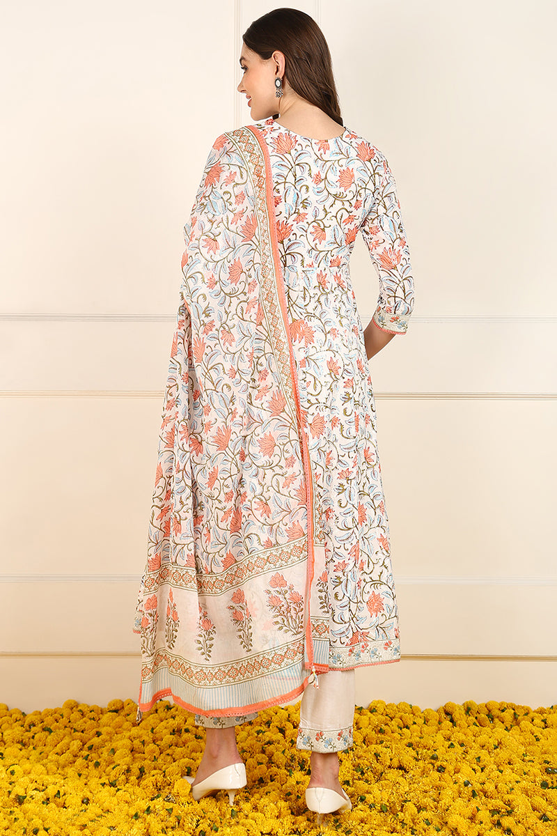 White and Peach Cotton Floral Printed Embroidered Anarkali Suit Set JPSKD1009PCH