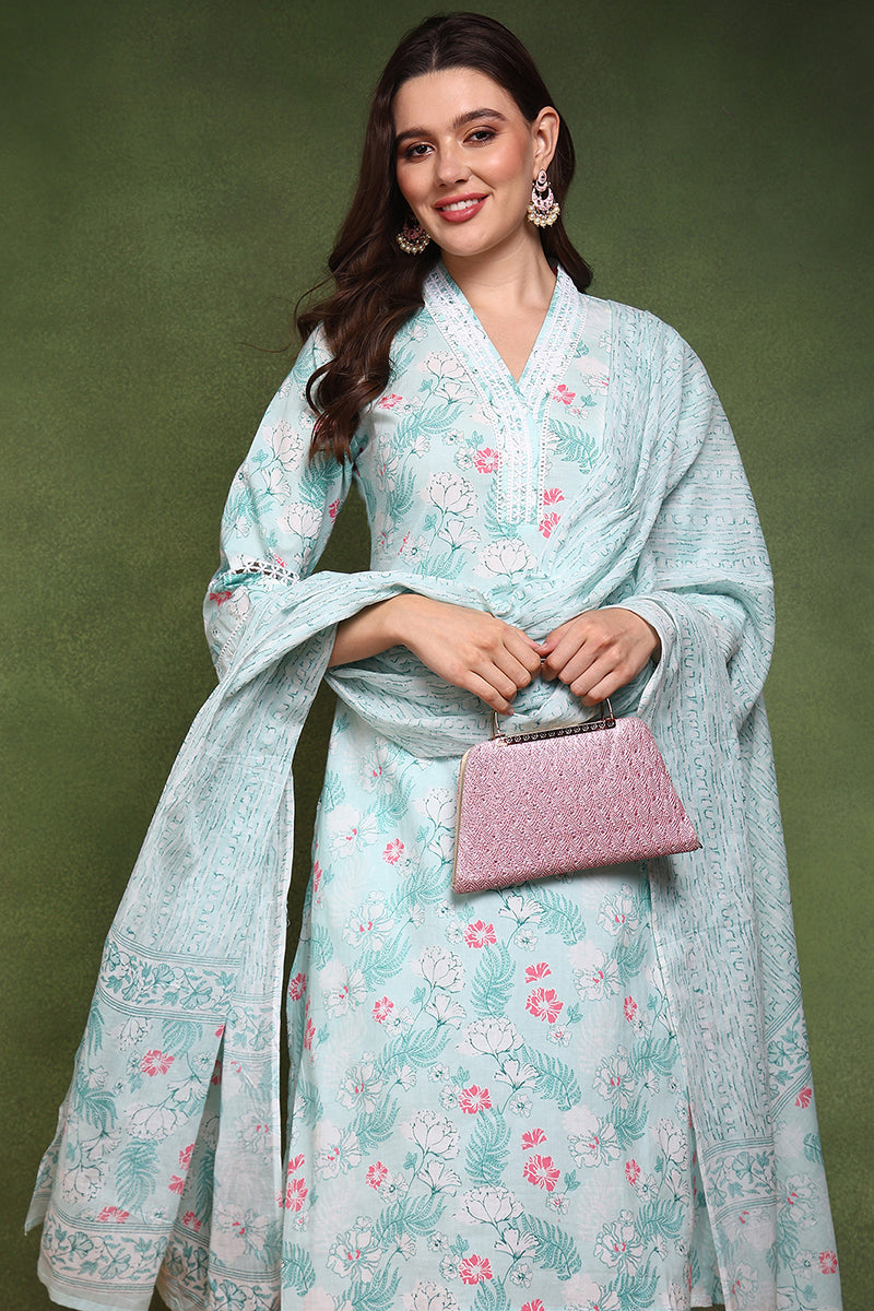 Teal Blue Pure Cotton Floral Printed Straight Suit Set JPSKD1015TIL